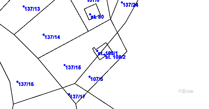 Parcela st. 108/2 v KÚ Hutě, Katastrální mapa