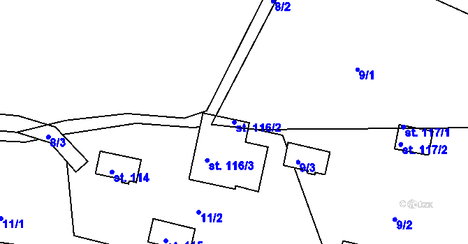 Parcela st. 116/2 v KÚ Hutě, Katastrální mapa