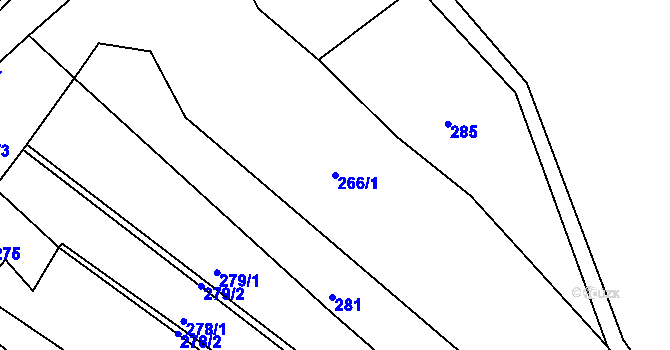 Parcela st. 266/1 v KÚ Hutě, Katastrální mapa