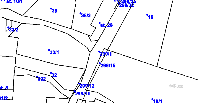 Parcela st. 299/1 v KÚ Hutě, Katastrální mapa