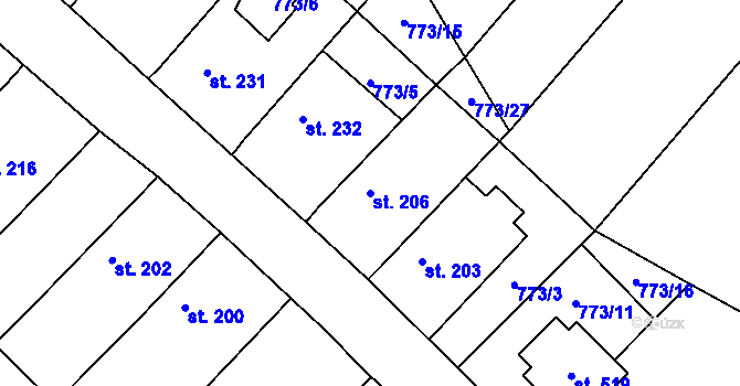 Parcela st. 206 v KÚ Cerhenice, Katastrální mapa