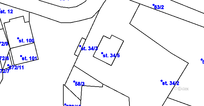 Parcela st. 34/5 v KÚ Cetyně, Katastrální mapa