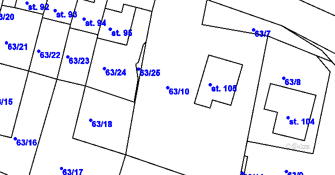 Parcela st. 63/10 v KÚ Cetyně, Katastrální mapa