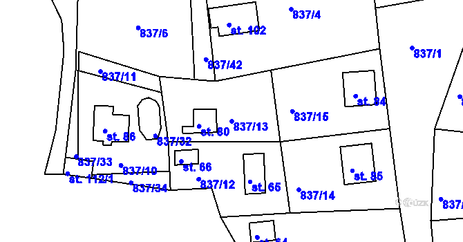 Parcela st. 837/13 v KÚ Cetyně, Katastrální mapa