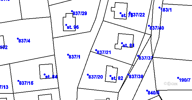 Parcela st. 837/21 v KÚ Cetyně, Katastrální mapa