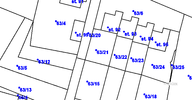 Parcela st. 63/21 v KÚ Cetyně, Katastrální mapa