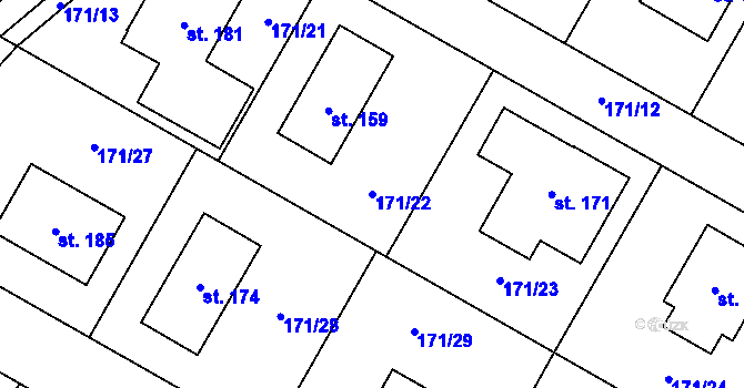 Parcela st. 171/22 v KÚ Třebešice, Katastrální mapa