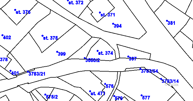 Parcela st. 374 v KÚ Cvikov, Katastrální mapa