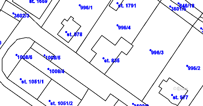 Parcela st. 835 v KÚ Cvikov, Katastrální mapa