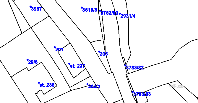 Parcela st. 205 v KÚ Cvikov, Katastrální mapa