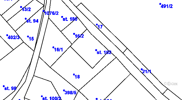 Parcela st. 102 v KÚ Trávník u Cvikova, Katastrální mapa
