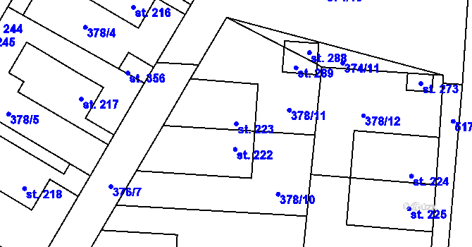 Parcela st. 223 v KÚ Cvrčovice, Katastrální mapa