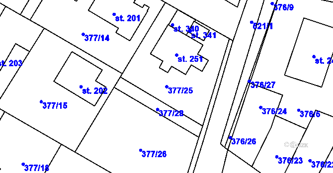 Parcela st. 377/25 v KÚ Cvrčovice, Katastrální mapa