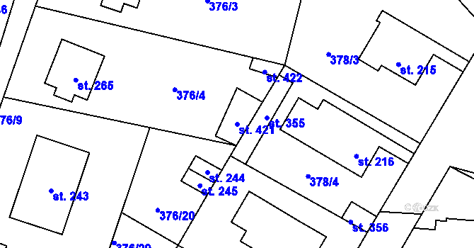 Parcela st. 421 v KÚ Cvrčovice, Katastrální mapa