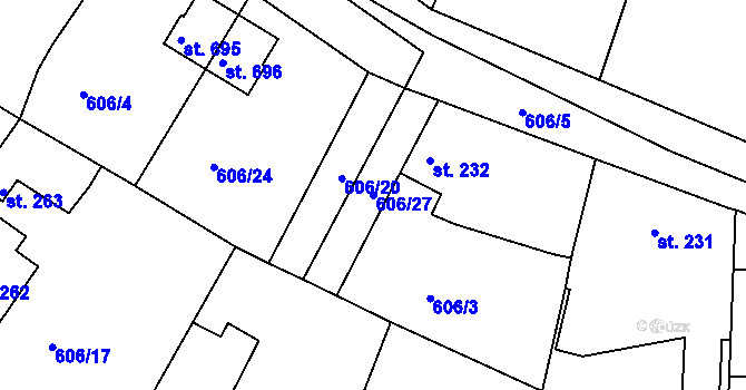 Parcela st. 606/27 v KÚ Čachovice, Katastrální mapa