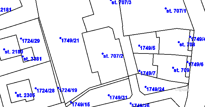 Parcela st. 707/2 v KÚ Čáslav, Katastrální mapa