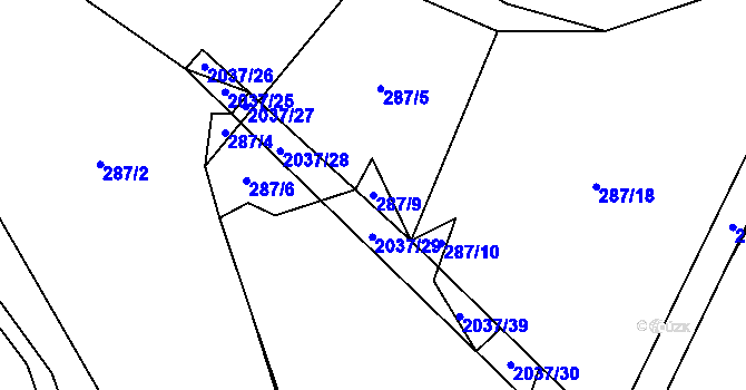 Parcela st. 287/9 v KÚ Čáslavsko, Katastrální mapa