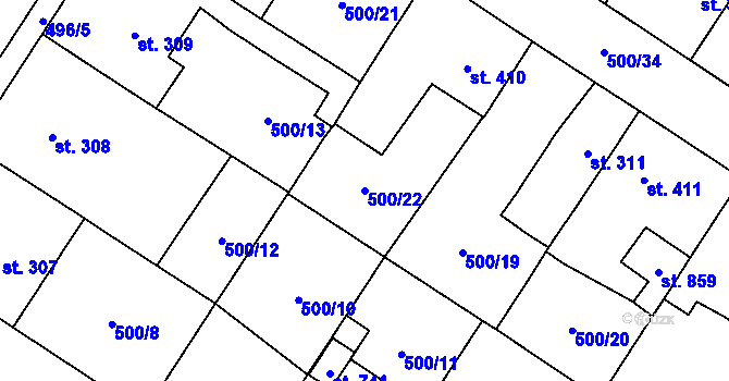 Parcela st. 500/22 v KÚ Častolovice, Katastrální mapa