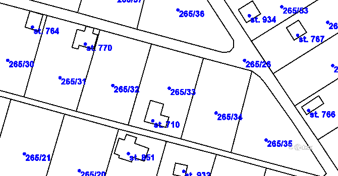 Parcela st. 265/33 v KÚ Častolovice, Katastrální mapa