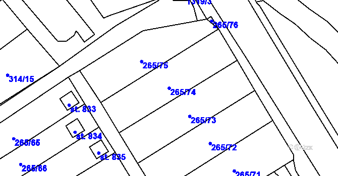 Parcela st. 265/74 v KÚ Častolovice, Katastrální mapa
