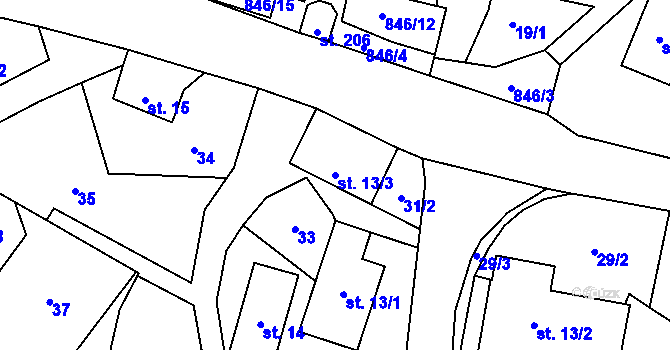 Parcela st. 13/3 v KÚ Čavisov, Katastrální mapa