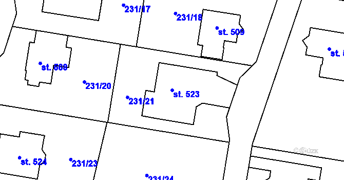 Parcela st. 523 v KÚ Domamyslice, Katastrální mapa