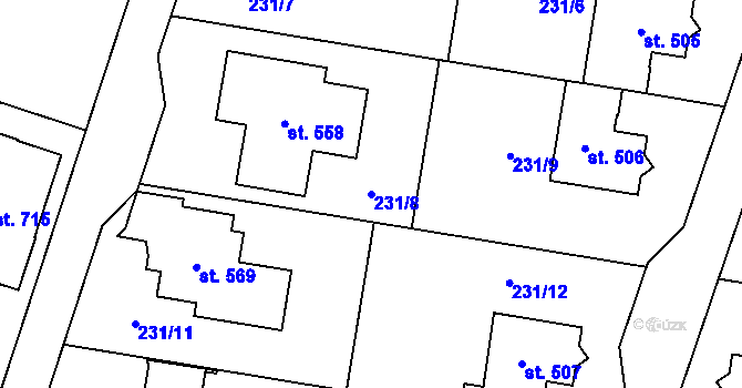 Parcela st. 231/8 v KÚ Domamyslice, Katastrální mapa