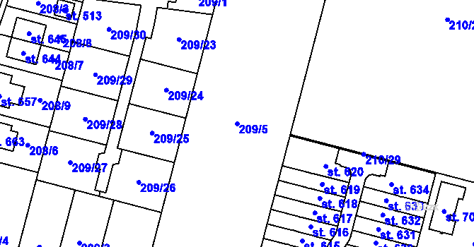Parcela st. 209/5 v KÚ Domamyslice, Katastrální mapa