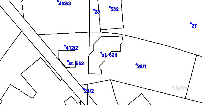 Parcela st. 621 v KÚ Domamyslice, Katastrální mapa