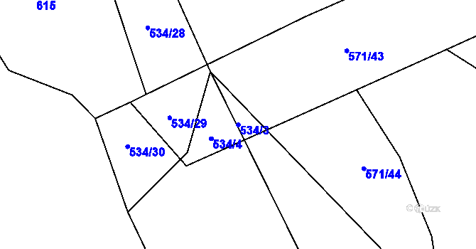 Parcela st. 534/3 v KÚ Zbynice, Katastrální mapa