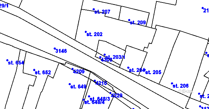 Parcela st. 203/1 v KÚ Čelákovice, Katastrální mapa