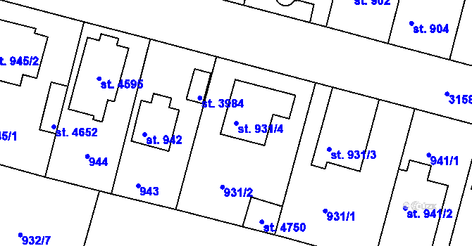 Parcela st. 931/4 v KÚ Čelákovice, Katastrální mapa