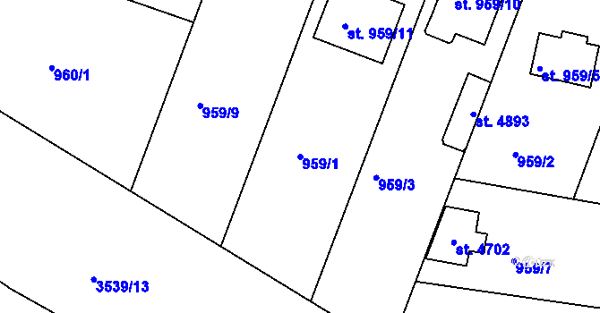 Parcela st. 959/1 v KÚ Čelákovice, Katastrální mapa