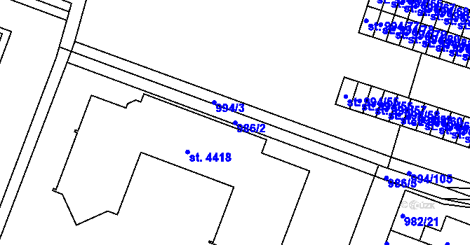 Parcela st. 986/2 v KÚ Čelákovice, Katastrální mapa