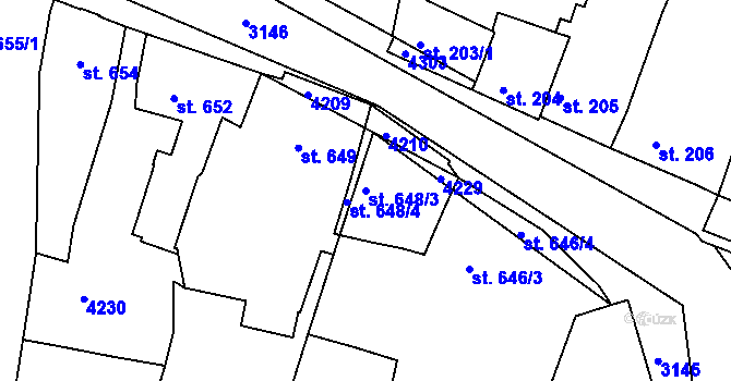 Parcela st. 648/3 v KÚ Čelákovice, Katastrální mapa