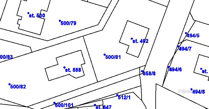 Parcela st. 500/81 v KÚ Sedlčánky, Katastrální mapa