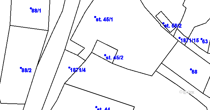 Parcela st. 45/2 v KÚ Čeminy, Katastrální mapa