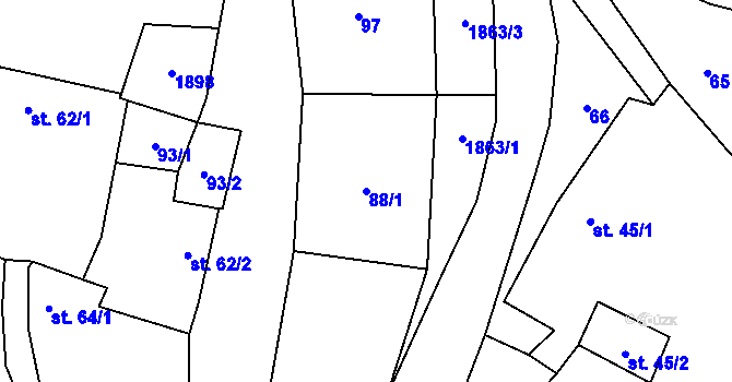 Parcela st. 88/1 v KÚ Čeminy, Katastrální mapa