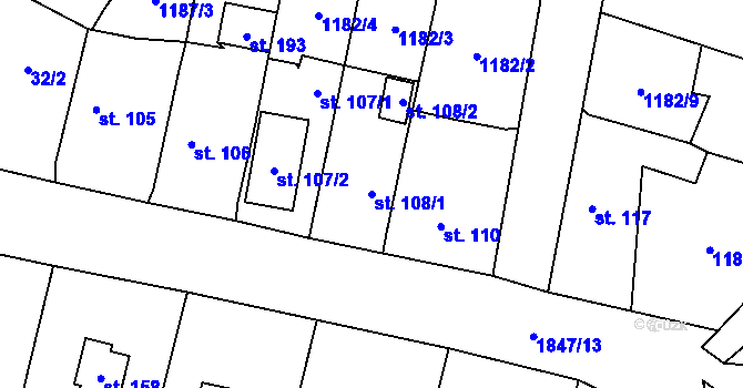 Parcela st. 108/1 v KÚ Čeminy, Katastrální mapa