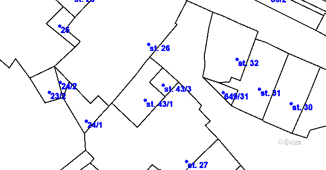 Parcela st. 43/3 v KÚ Poděvousy, Katastrální mapa
