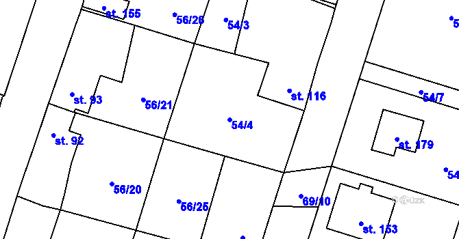 Parcela st. 54/4 v KÚ Poděvousy, Katastrální mapa