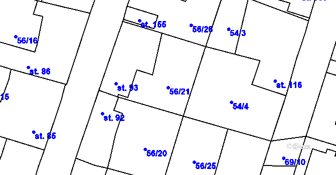 Parcela st. 56/21 v KÚ Poděvousy, Katastrální mapa