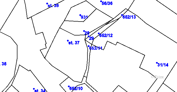 Parcela st. 652/11 v KÚ Poděvousy, Katastrální mapa