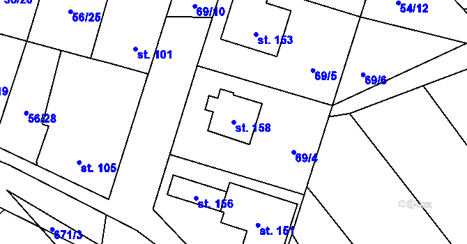 Parcela st. 158 v KÚ Poděvousy, Katastrální mapa