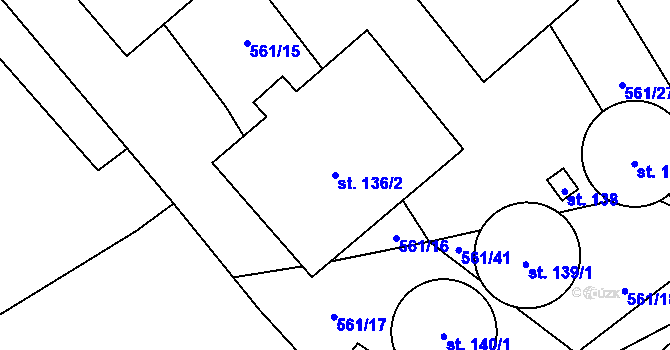 Parcela st. 136/2 v KÚ Poděvousy, Katastrální mapa