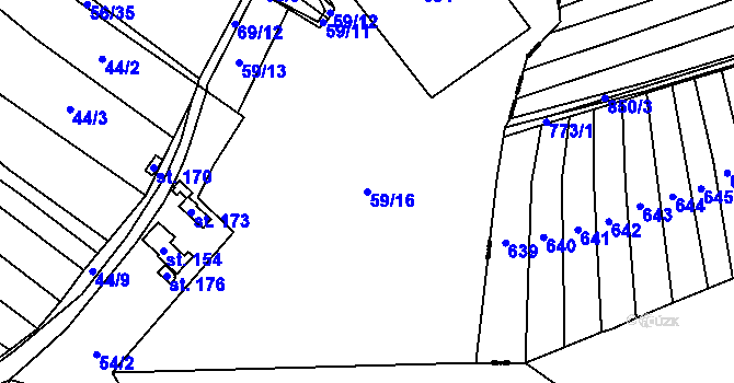Parcela st. 59/16 v KÚ Poděvousy, Katastrální mapa