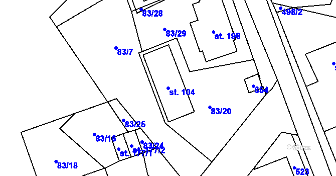 Parcela st. 104 v KÚ Mnětice, Katastrální mapa