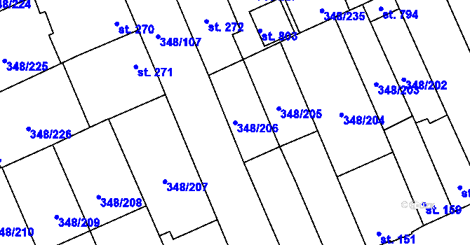 Parcela st. 348/206 v KÚ Černčice u Loun, Katastrální mapa