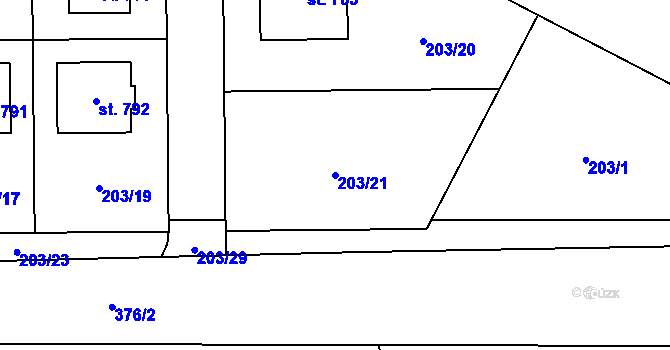 Parcela st. 203/21 v KÚ Černčice u Loun, Katastrální mapa