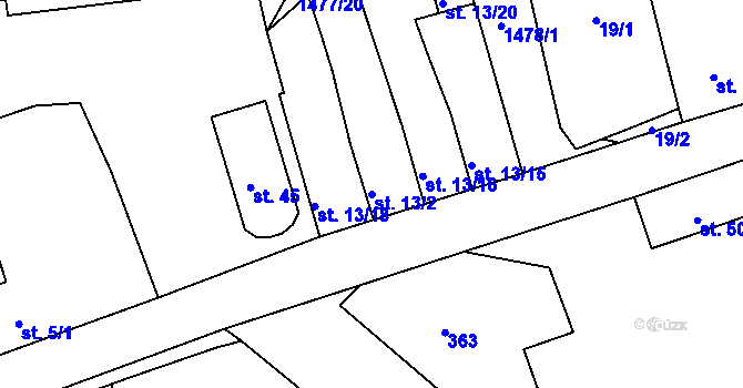 Parcela st. 13/2 v KÚ Obora u Loun, Katastrální mapa